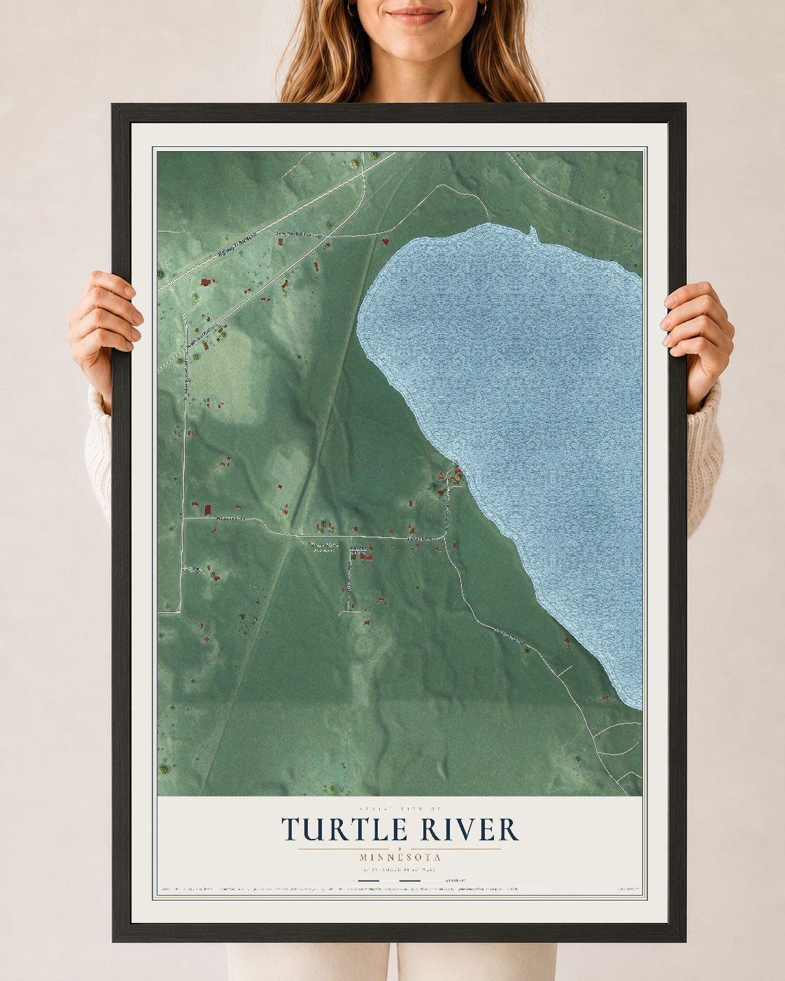 Map of Turtle River, Minnesota, 24 x 36 inch print in a black wood frame