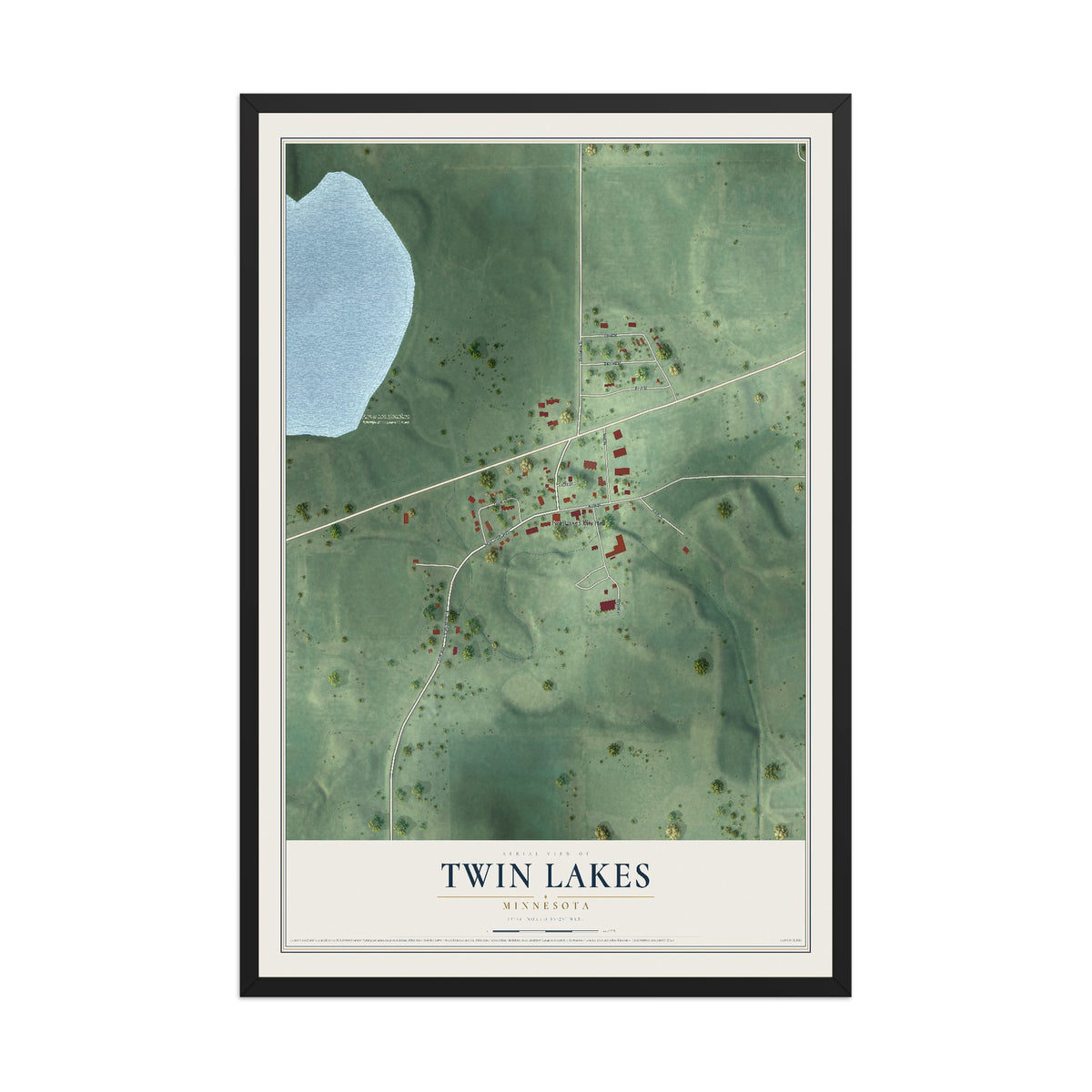 Map of Twin Lakes, Minnesota, 12 x 18 inch print in a black wood frame