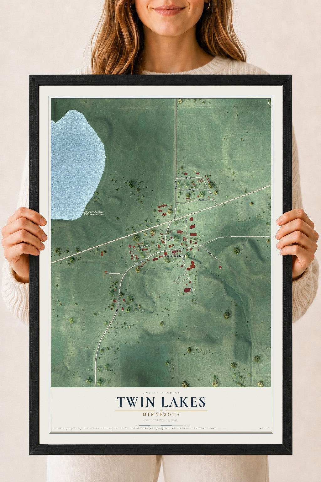 Map of Twin Lakes, Minnesota, 18 x 24 inch print in a black wood frame