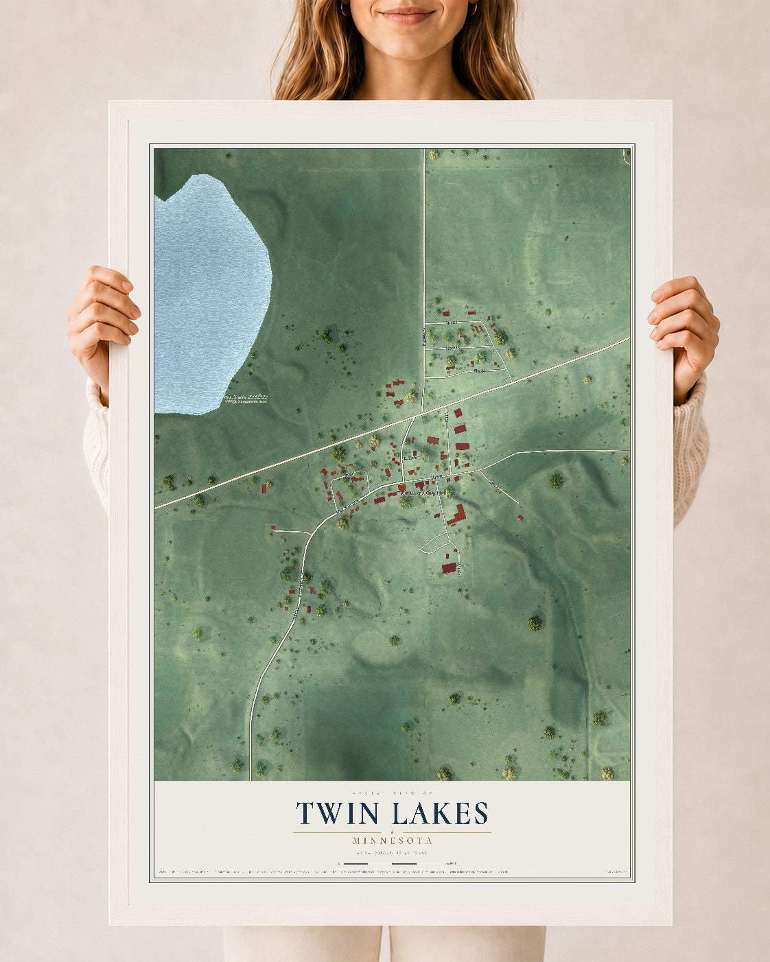 Map of Twin Lakes, Minnesota, 24 x 36 inch print in a white wood frame