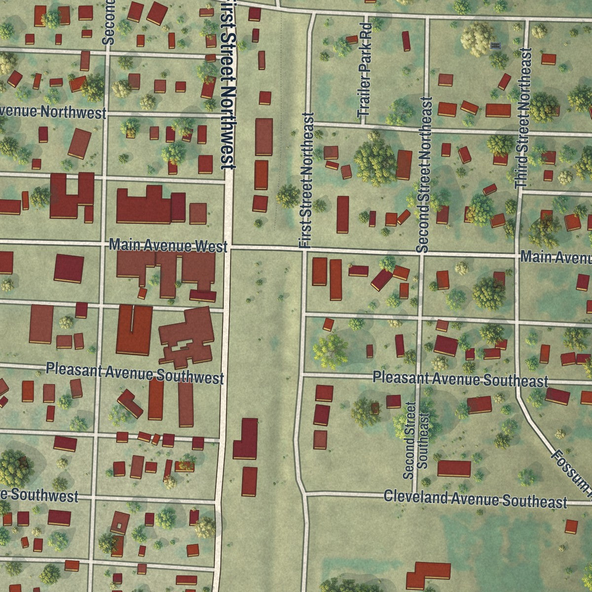 Close-up of the map of Twin Valley, Minnesota print showing street and building detail