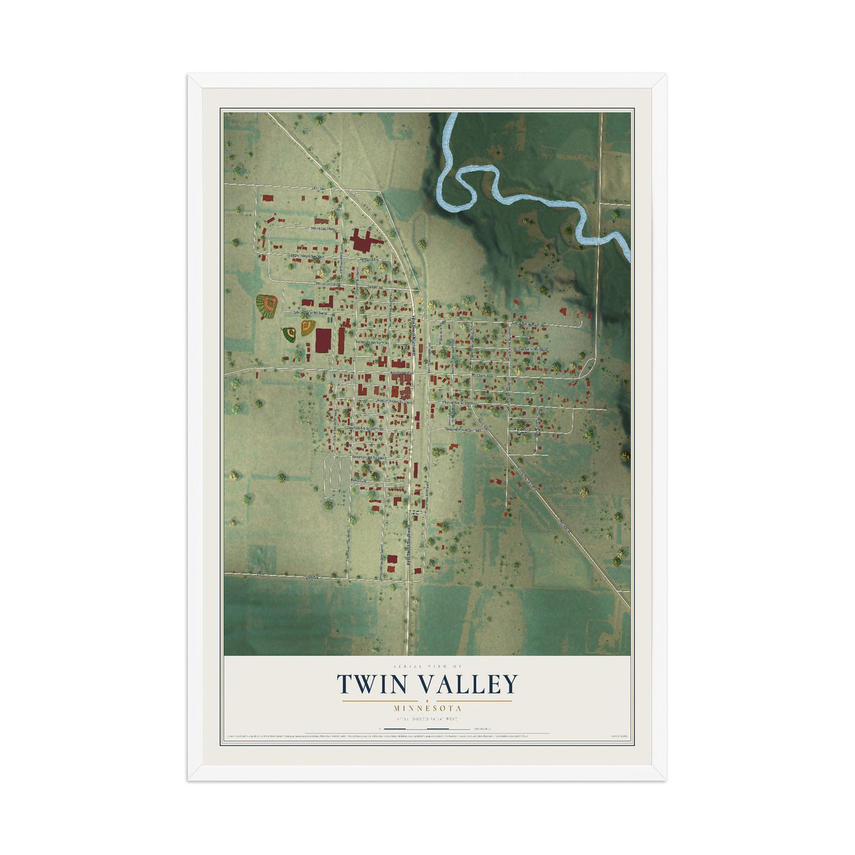 Map of Twin Valley, Minnesota, 12 x 18 inch print in a white wood frame