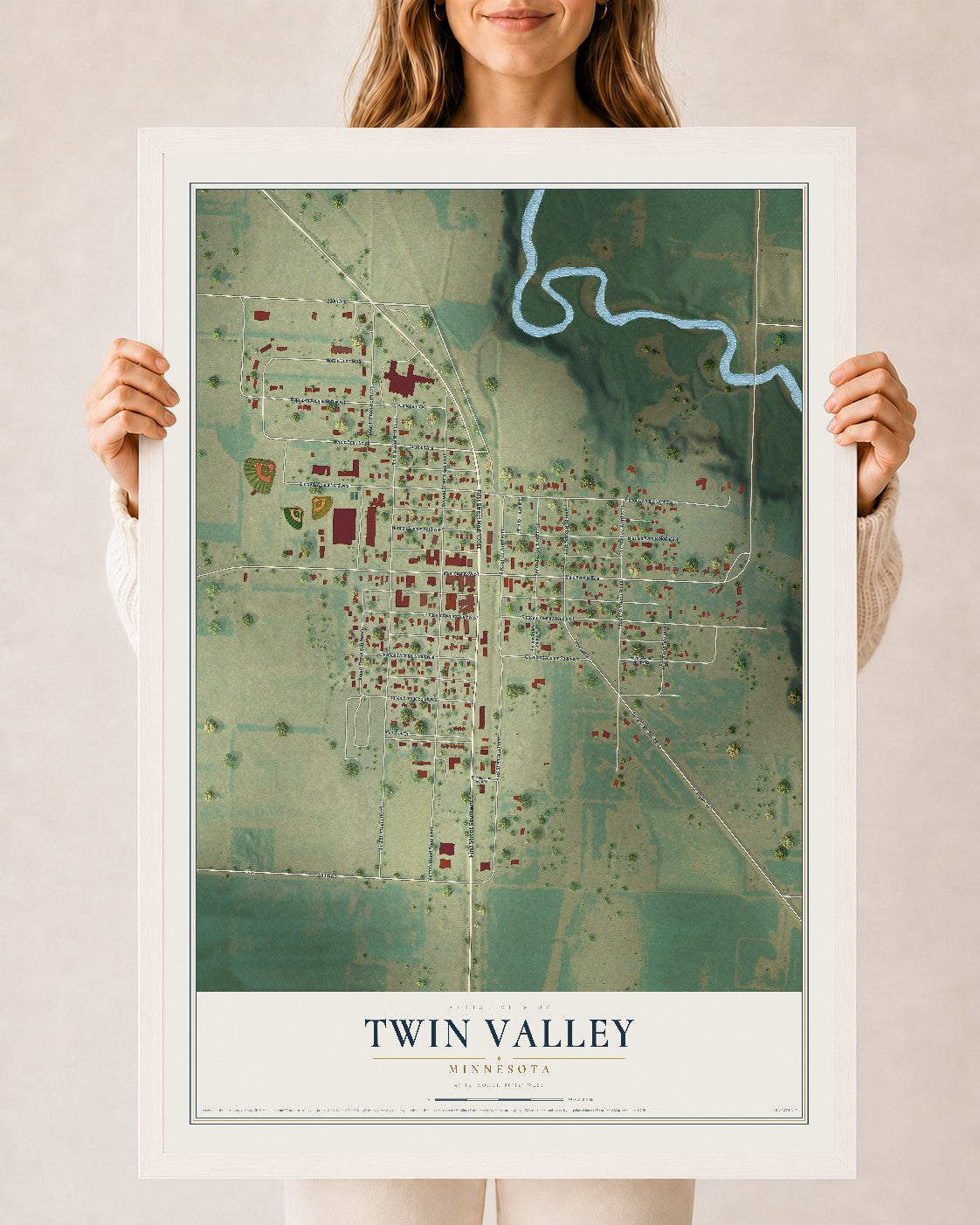 Map of Twin Valley, Minnesota, 24 x 36 inch print in a white wood frame
