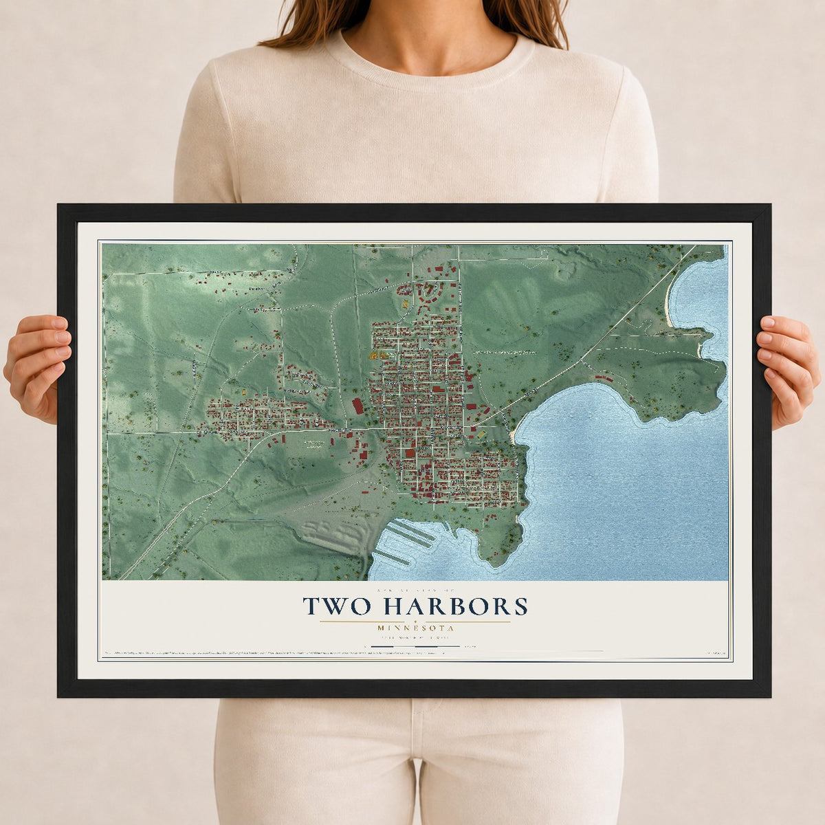 Map of Two Harbors, Minnesota, 12 x 18 inch print in a black wood frame