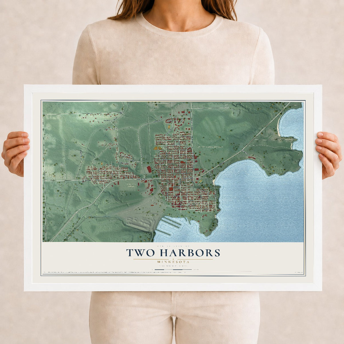 Map of Two Harbors, Minnesota, 12 x 18 inch print in a white wood frame