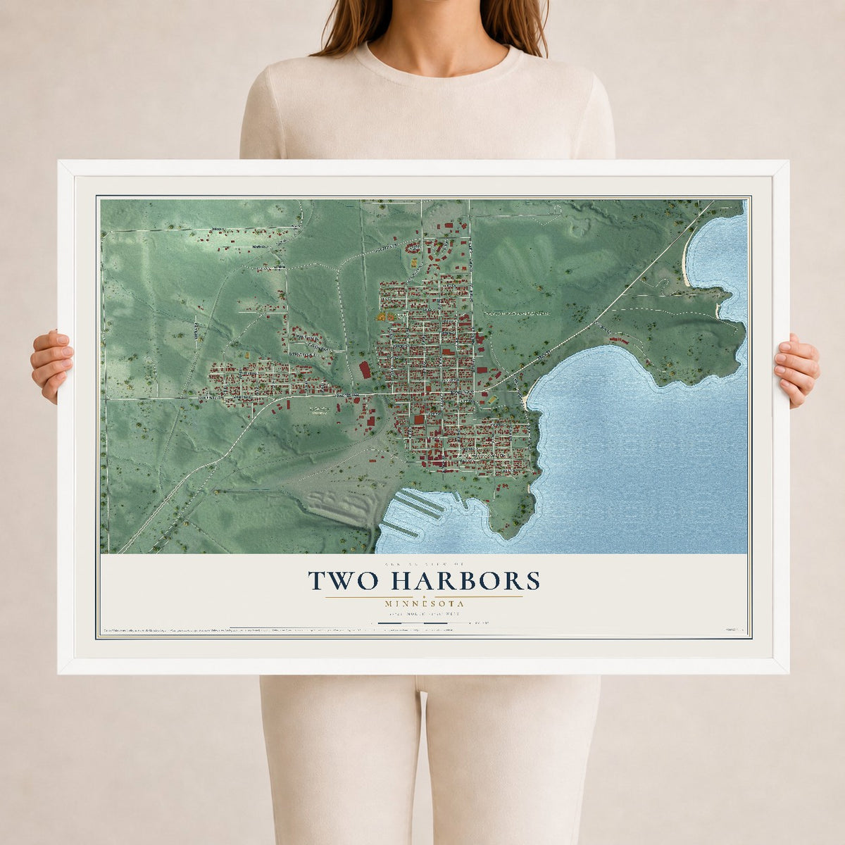 Map of Two Harbors, Minnesota, 24 x 36 inch print in a white wood frame
