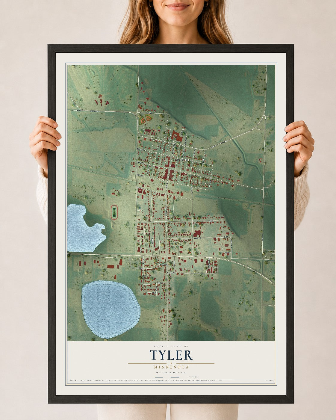 Map of Tyler, Minnesota, 24 x 36 inch print in a black wood frame