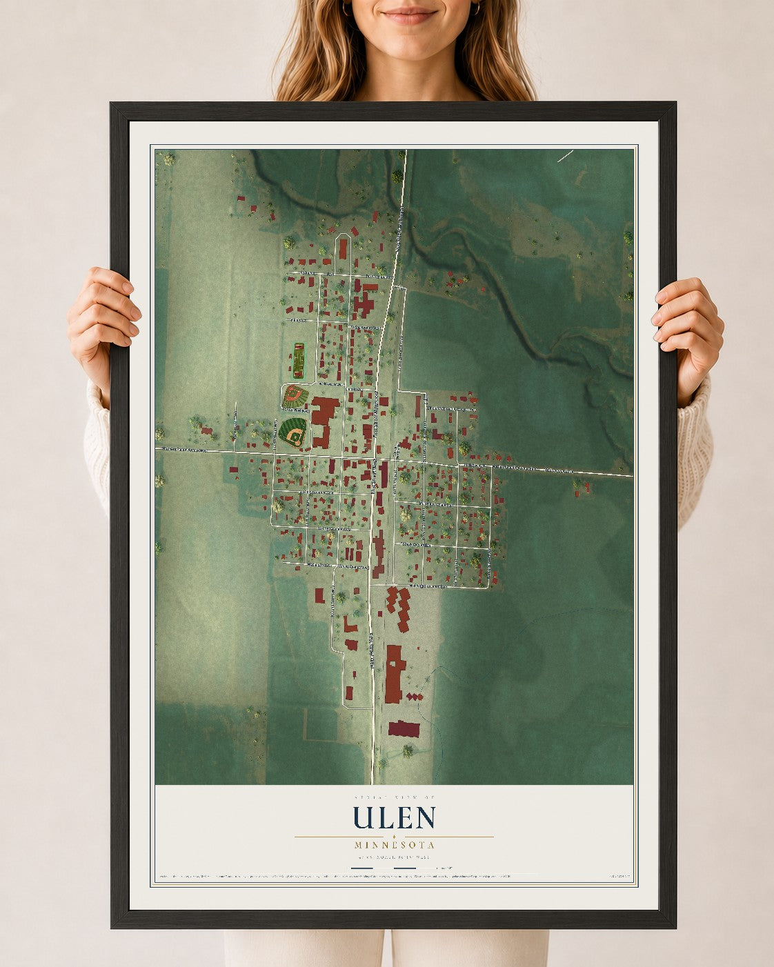 Map of Ulen, Minnesota, 24 x 36 inch print in a black wood frame