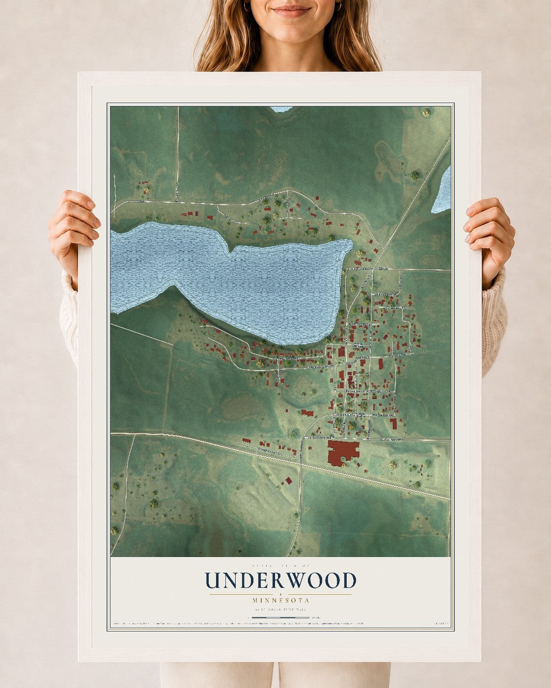 Map of Underwood, Minnesota, 24 x 36 inch print in a white wood frame