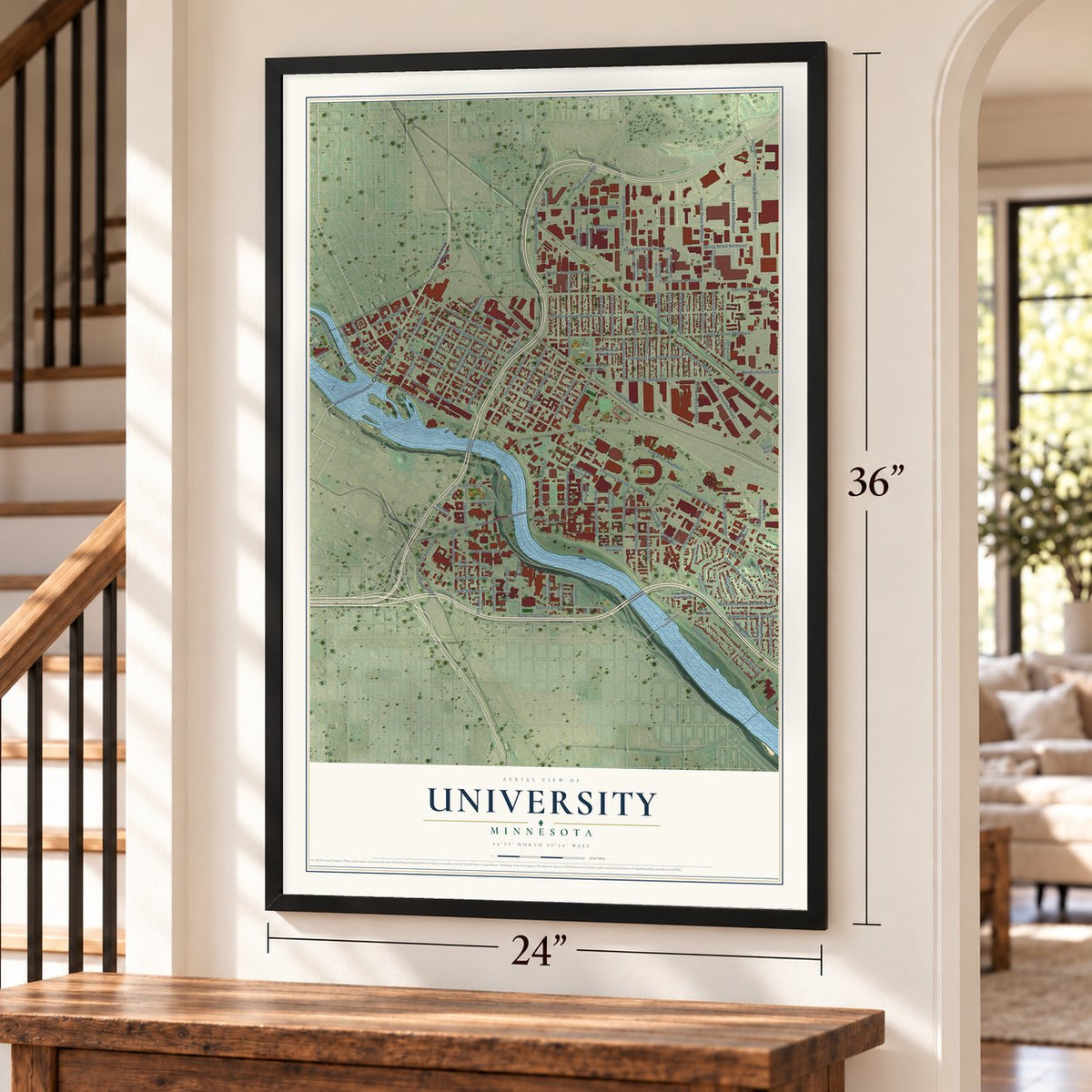 University, Minnesota map, 24 x 36 inch print in a black frame by a staircase