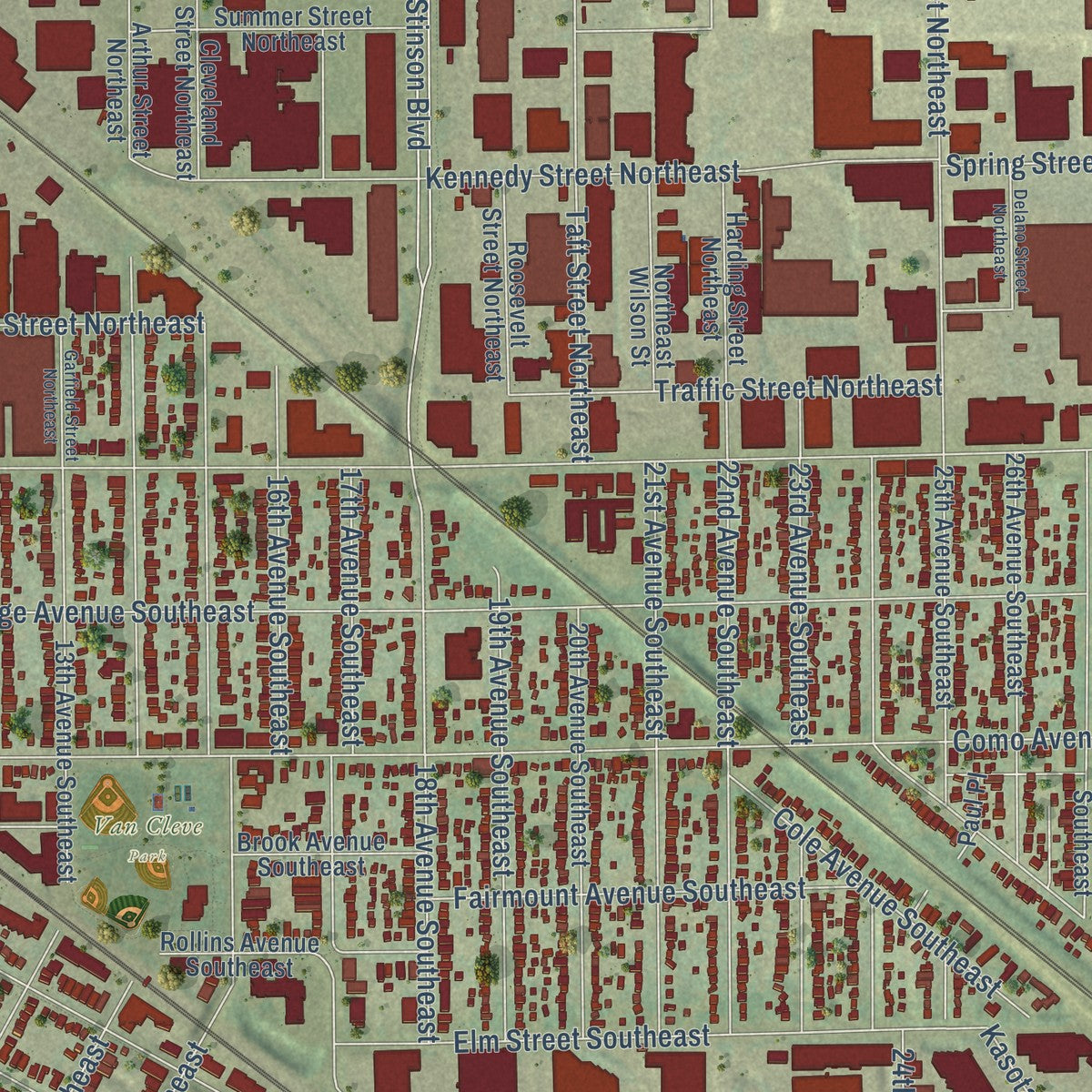 Close-up of the map of University, Minnesota print showing street and building detail