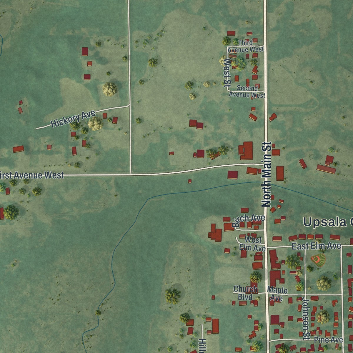 Close-up of the map of Upsala, Minnesota print showing street and building detail