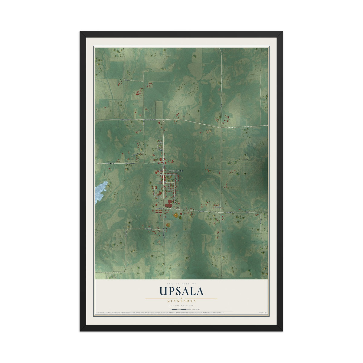 Map of Upsala, Minnesota, 12 x 18 inch print in a black wood frame