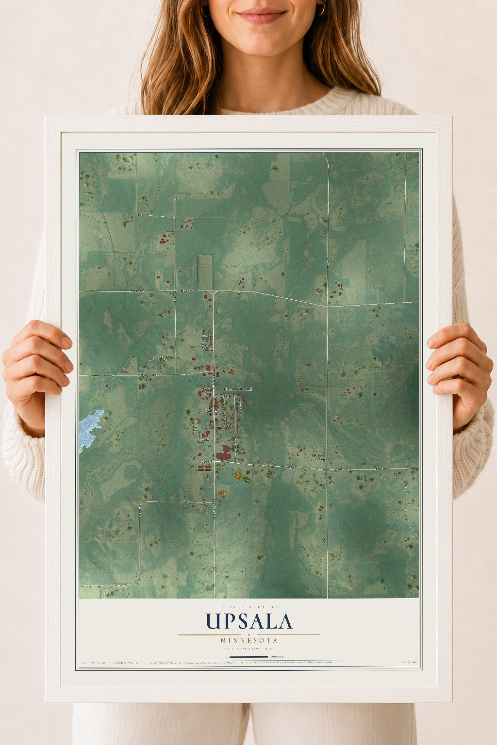 Map of Upsala, Minnesota, 18 x 24 inch print in a white wood frame