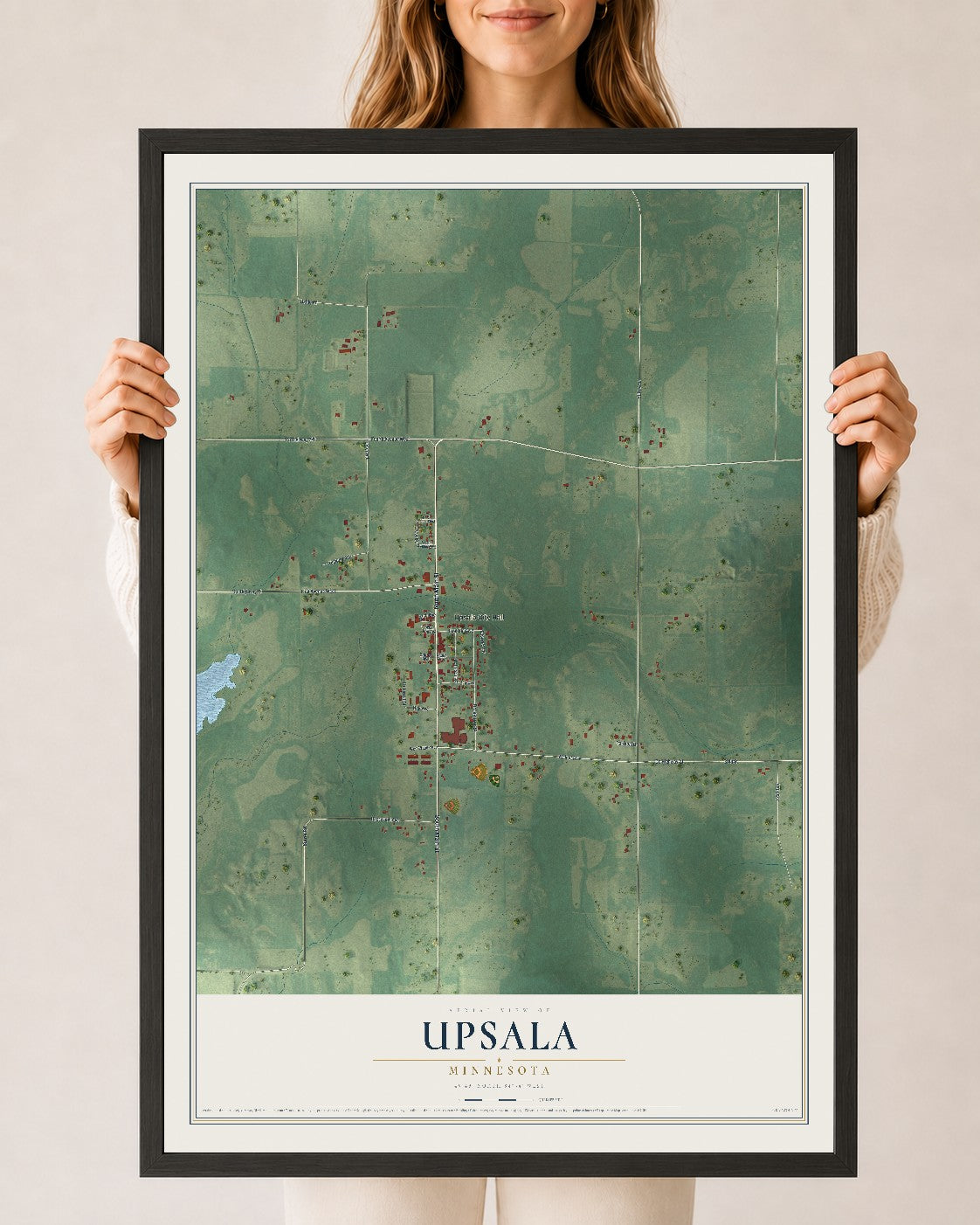 Map of Upsala, Minnesota, 24 x 36 inch print in a black wood frame