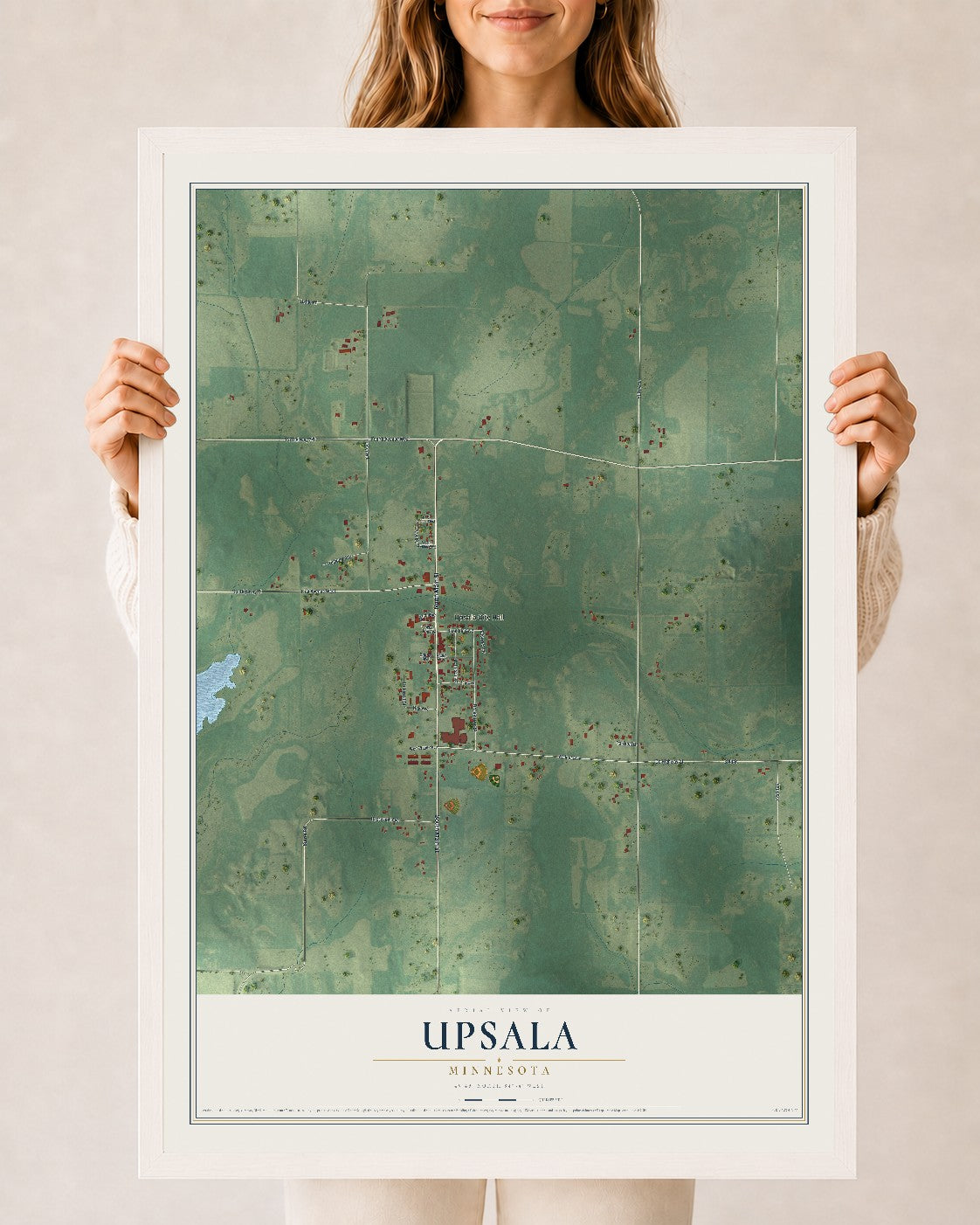 Map of Upsala, Minnesota, 24 x 36 inch print in a white wood frame