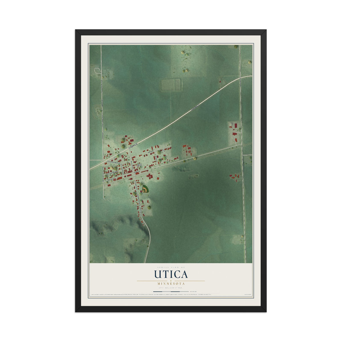Map of Utica, Minnesota, 12 x 18 inch print in a black wood frame