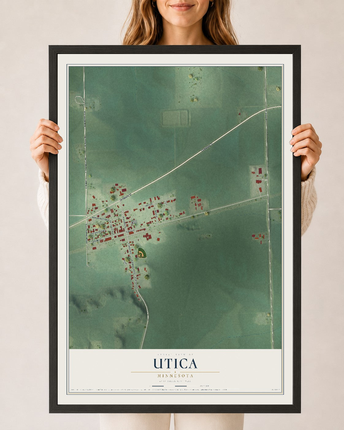 Map of Utica, Minnesota, 24 x 36 inch print in a black wood frame