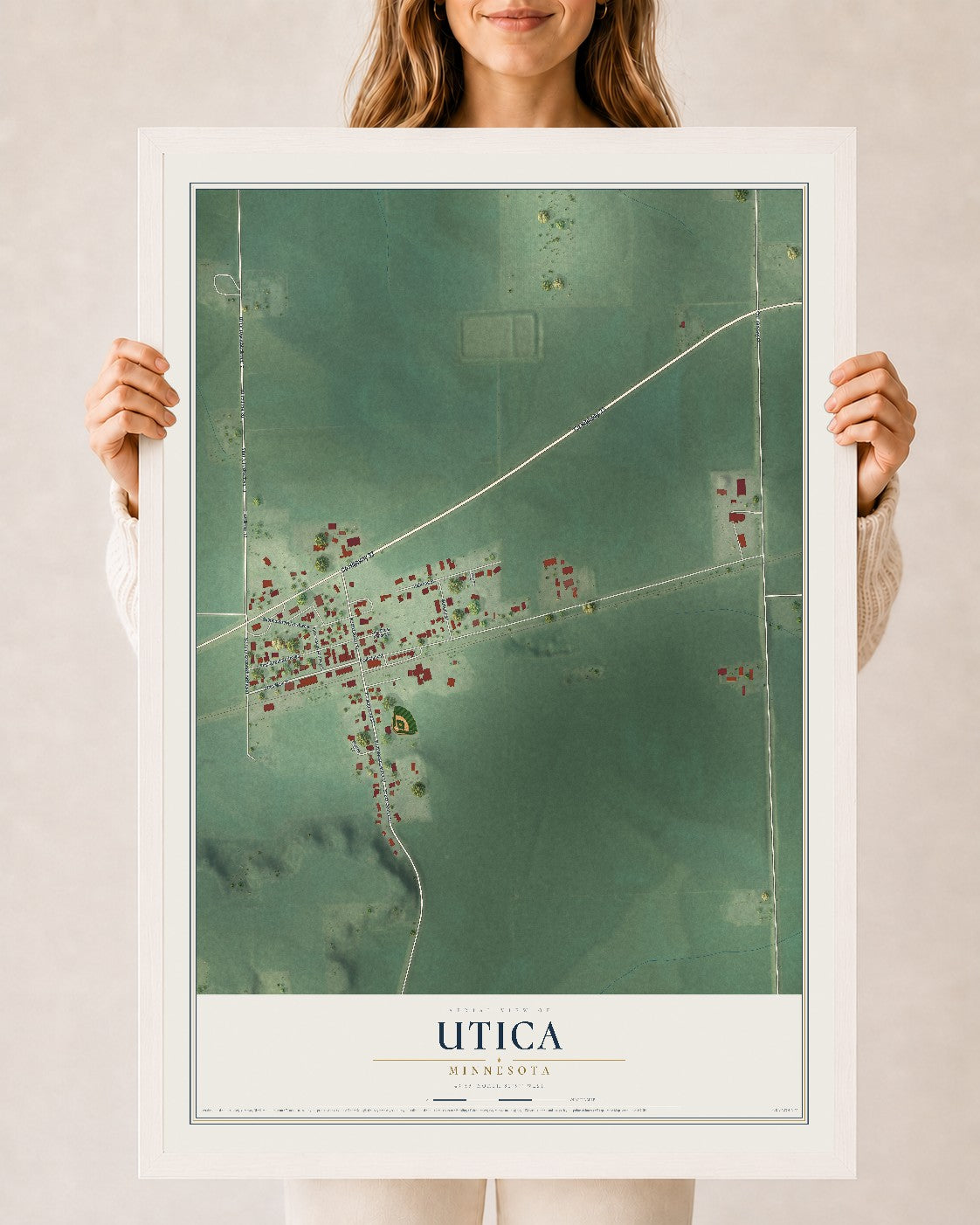 Map of Utica, Minnesota, 24 x 36 inch print in a white wood frame