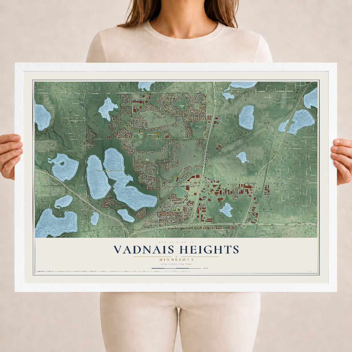 Map of Vadnais Heights, Minnesota, 18 x 24 inch print in a white wood frame