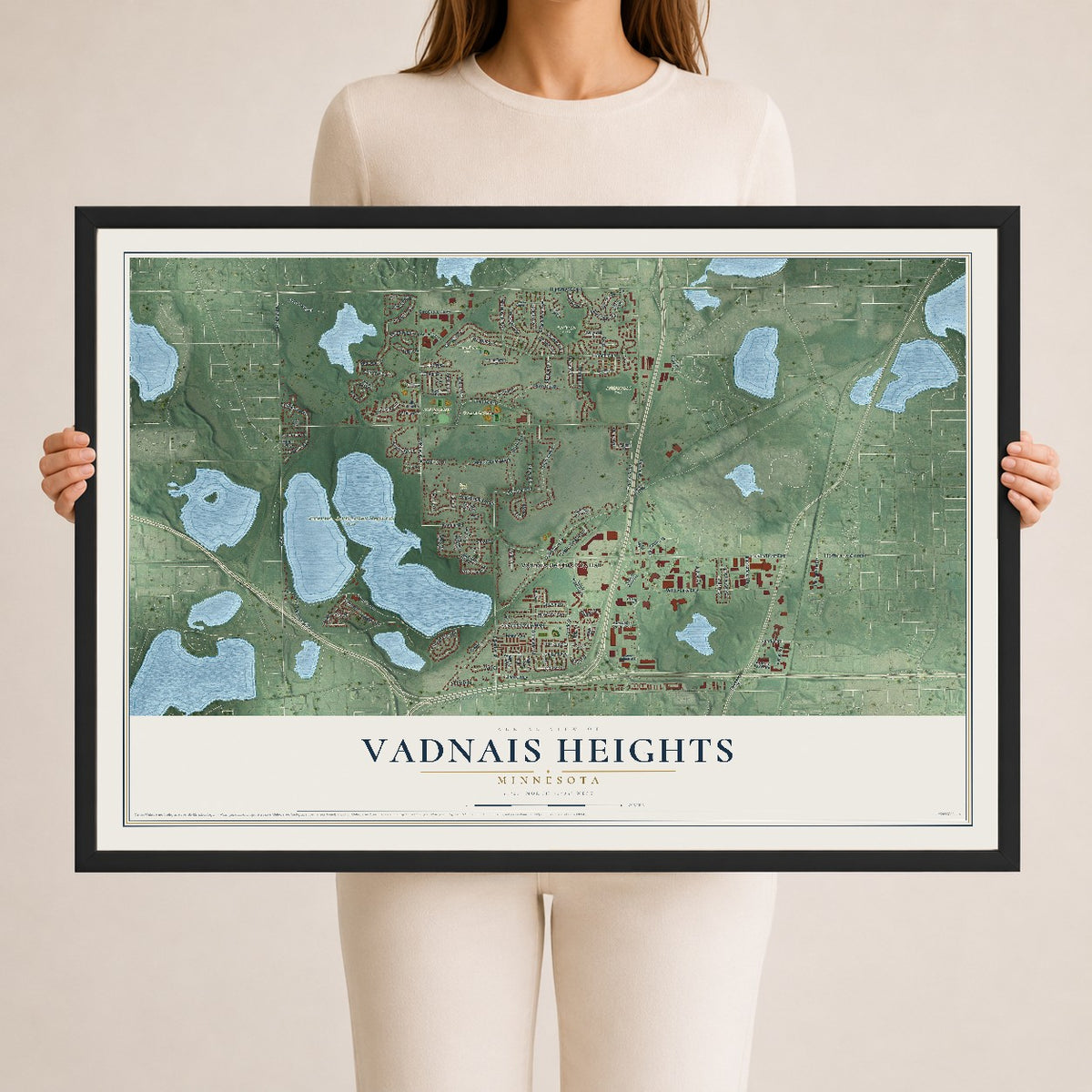 Map of Vadnais Heights, Minnesota, 24 x 36 inch print in a black wood frame