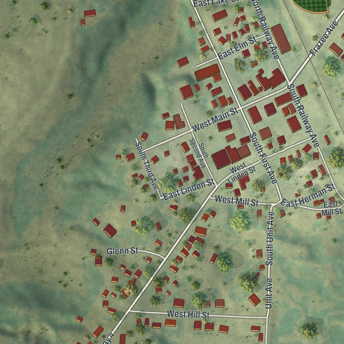 Second close-up of the map of Vergas, Minnesota print showing more streets and buildings