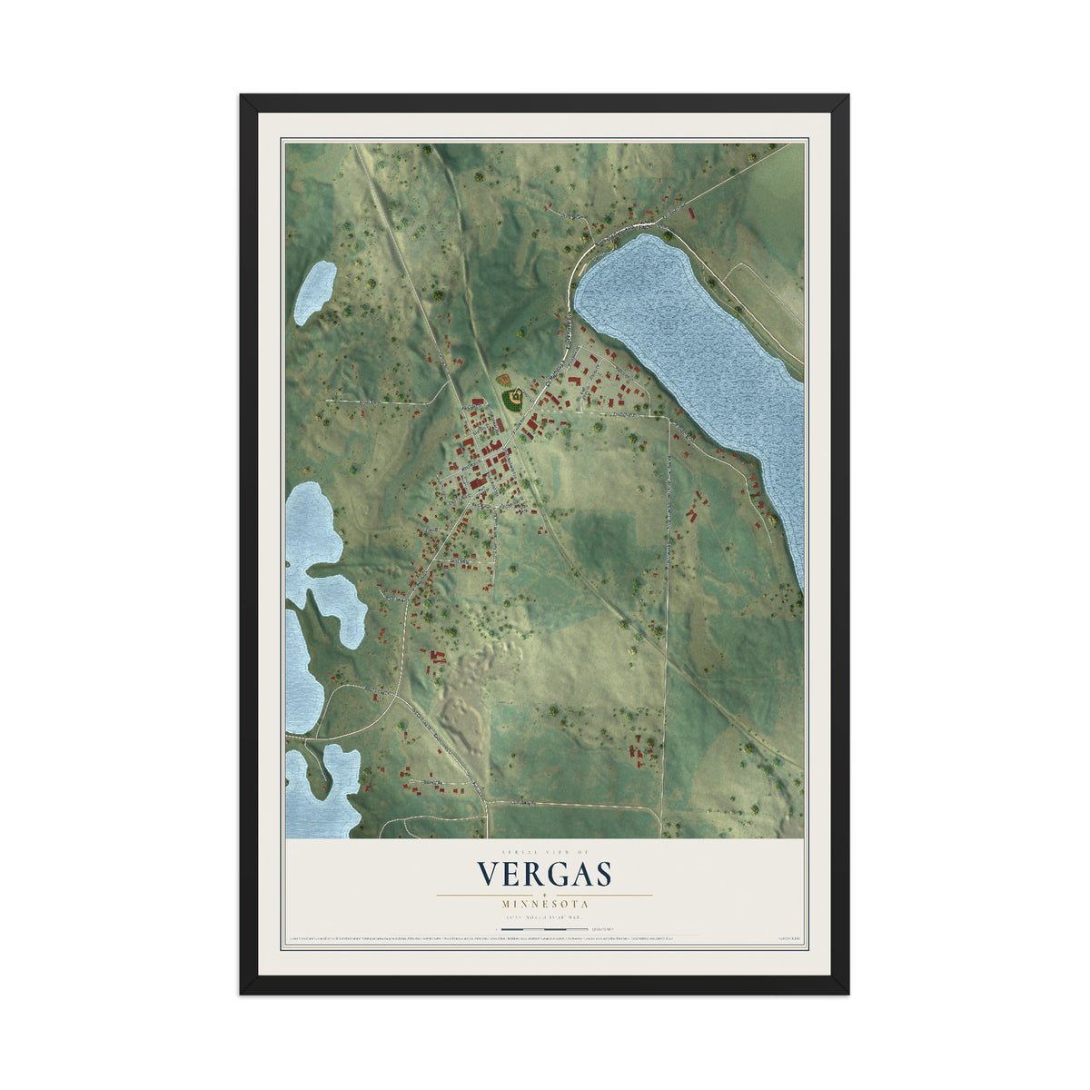 Map of Vergas, Minnesota, 12 x 18 inch print in a black wood frame