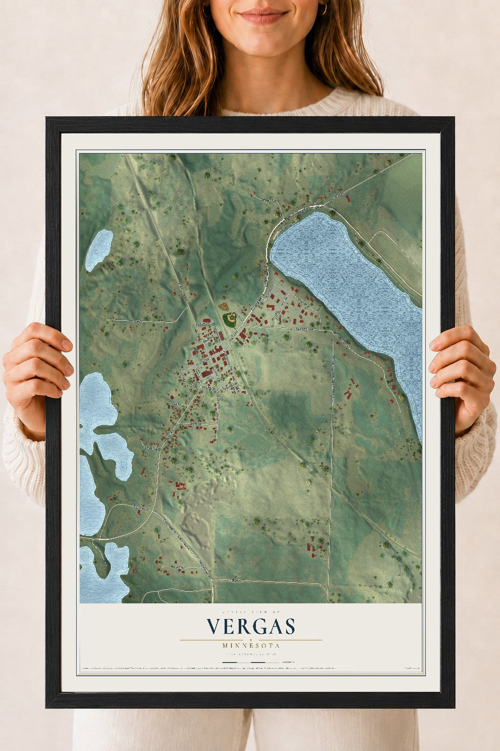 Map of Vergas, Minnesota, 18 x 24 inch print in a black wood frame