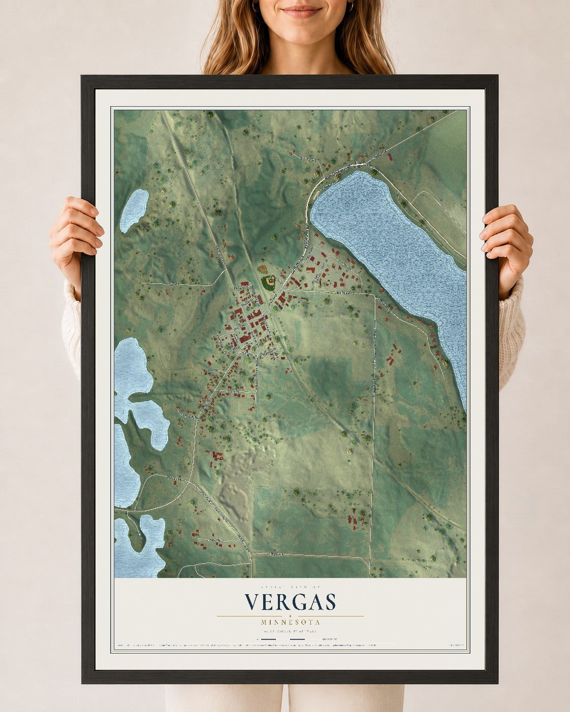 Map of Vergas, Minnesota, 24 x 36 inch print in a black wood frame