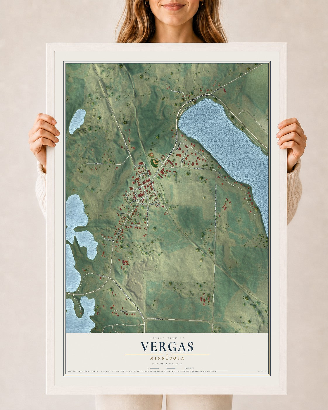 Map of Vergas, Minnesota, 24 x 36 inch print in a white wood frame