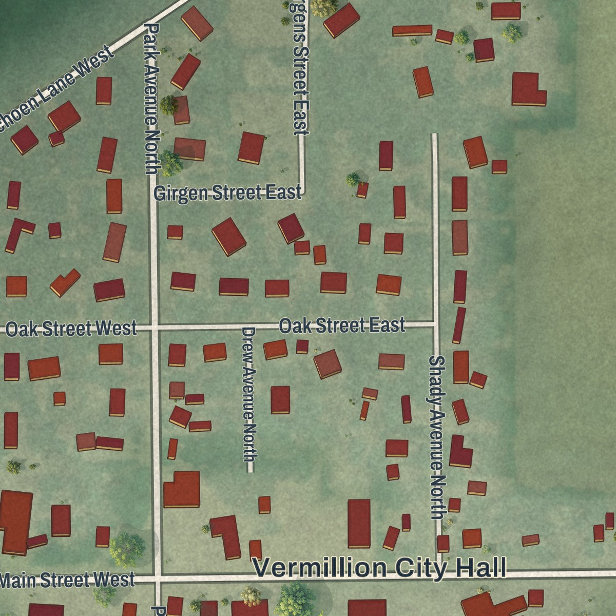 Close-up of the map of Vermillion, Minnesota print showing street and building detail