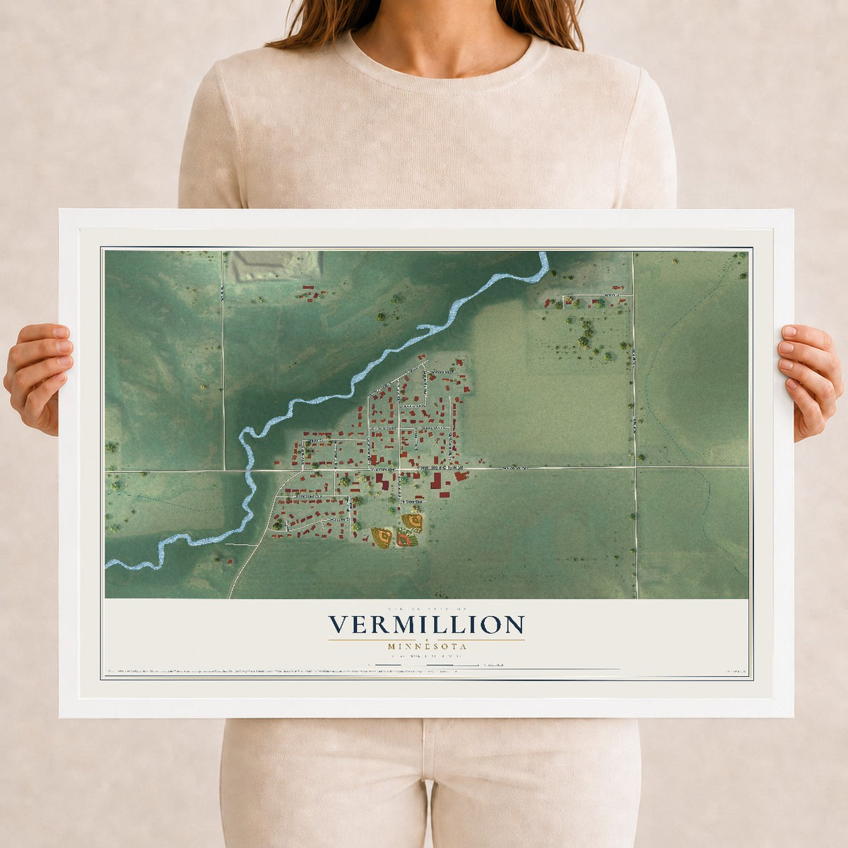 Map of Vermillion, Minnesota, 12 x 18 inch print in a white wood frame