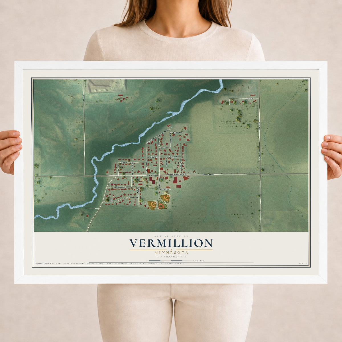 Map of Vermillion, Minnesota, 18 x 24 inch print in a white wood frame