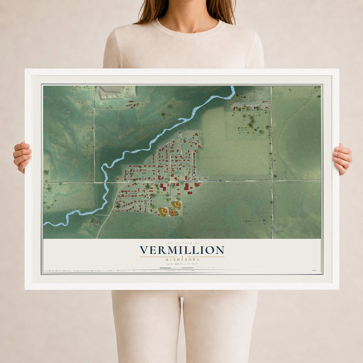 Map of Vermillion, Minnesota, 24 x 36 inch print in a white wood frame