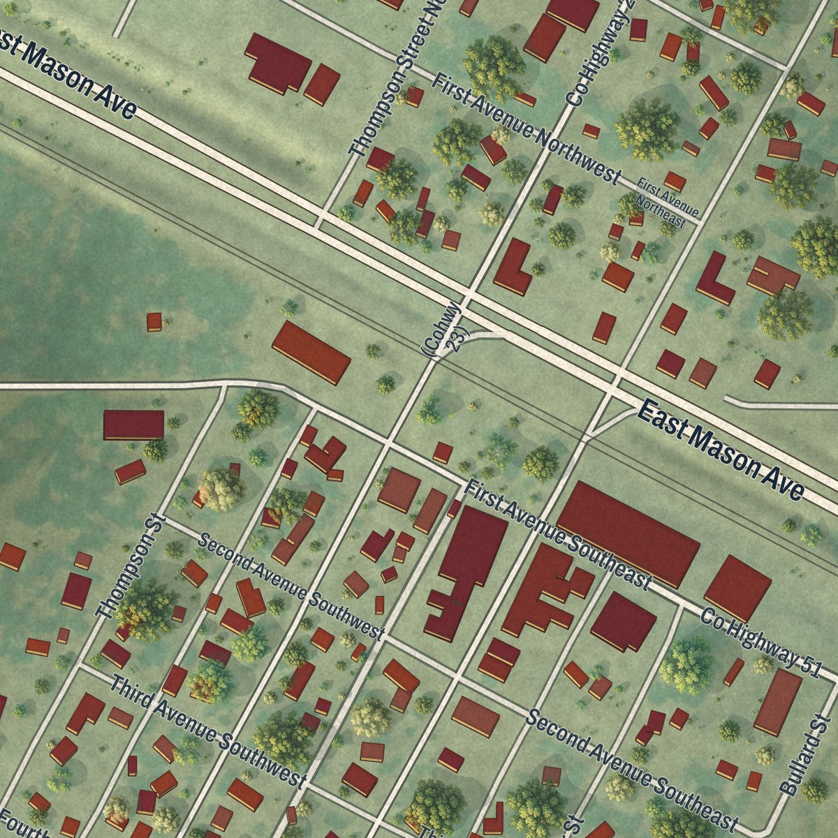 Close-up of the map of Verndale, Minnesota print showing street and building detail