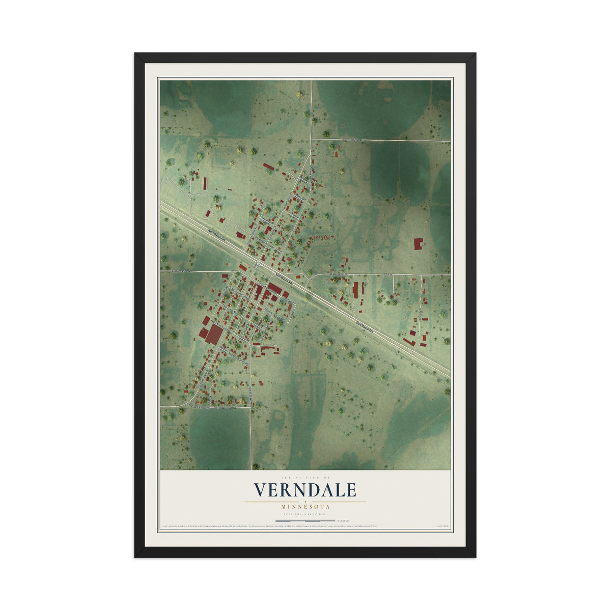 Map of Verndale, Minnesota, 12 x 18 inch print in a black wood frame
