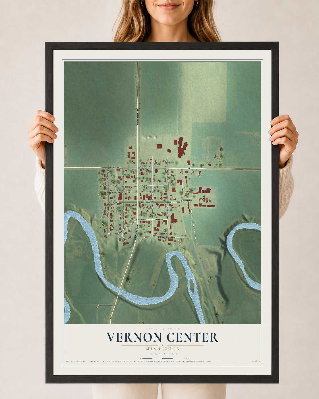 Map of Vernon Center, Minnesota, 24 x 36 inch print in a black wood frame
