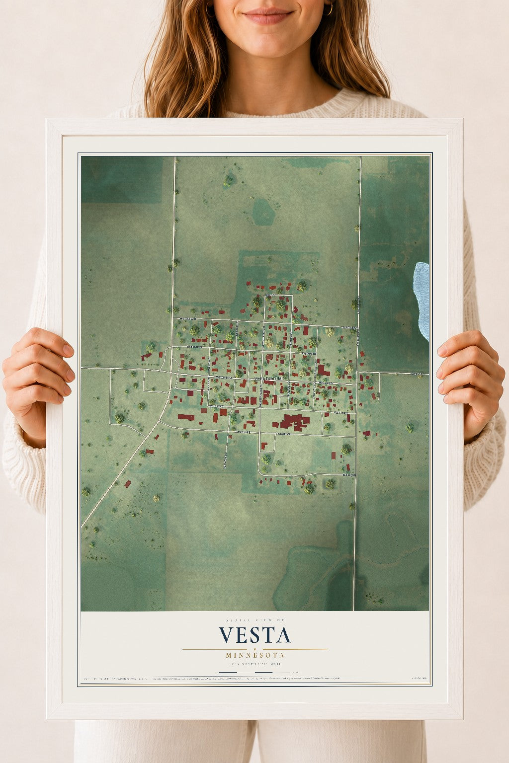 Map of Vesta, Minnesota, 18 x 24 inch print in a white wood frame