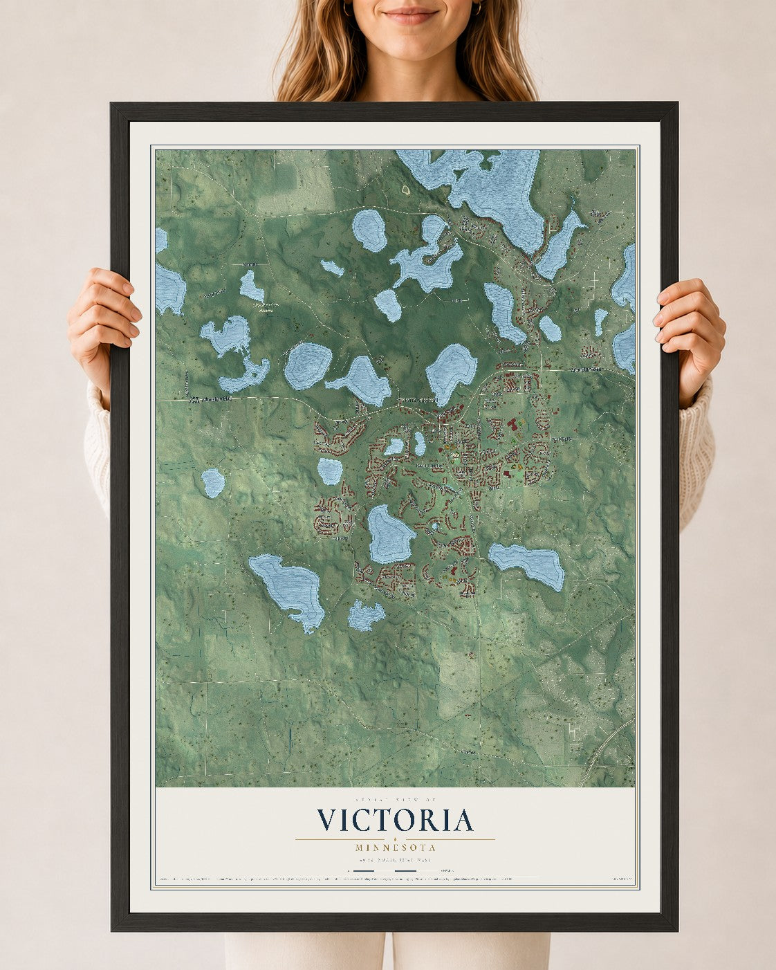 Map of Victoria, Minnesota, 24 x 36 inch print in a black wood frame