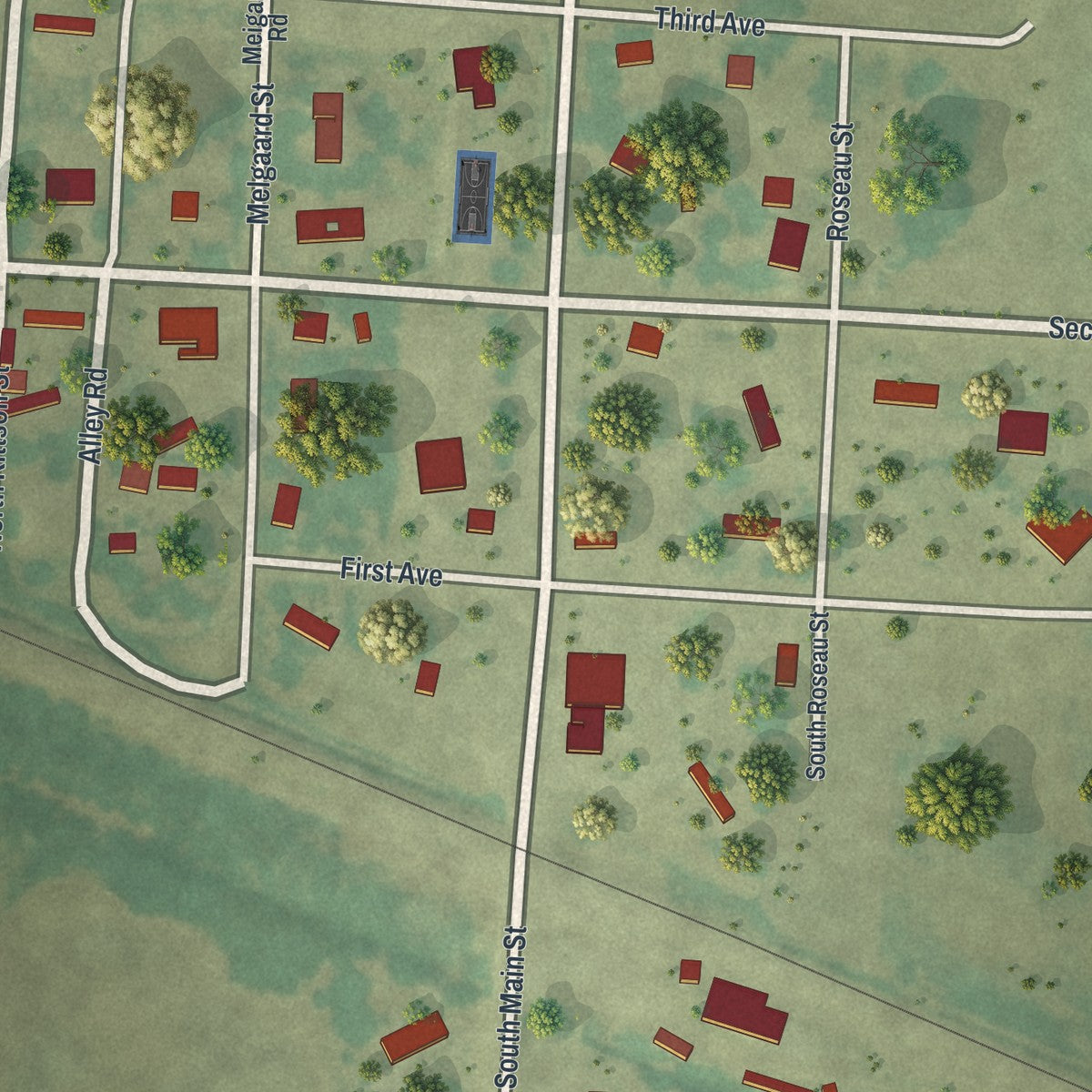 Close-up of the map of Viking, Minnesota print showing street and building detail