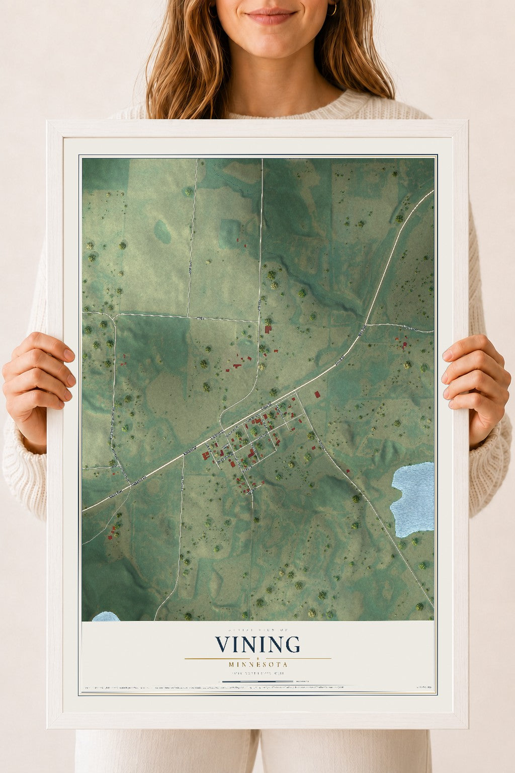 Map of Vining, Minnesota, 18 x 24 inch print in a white wood frame