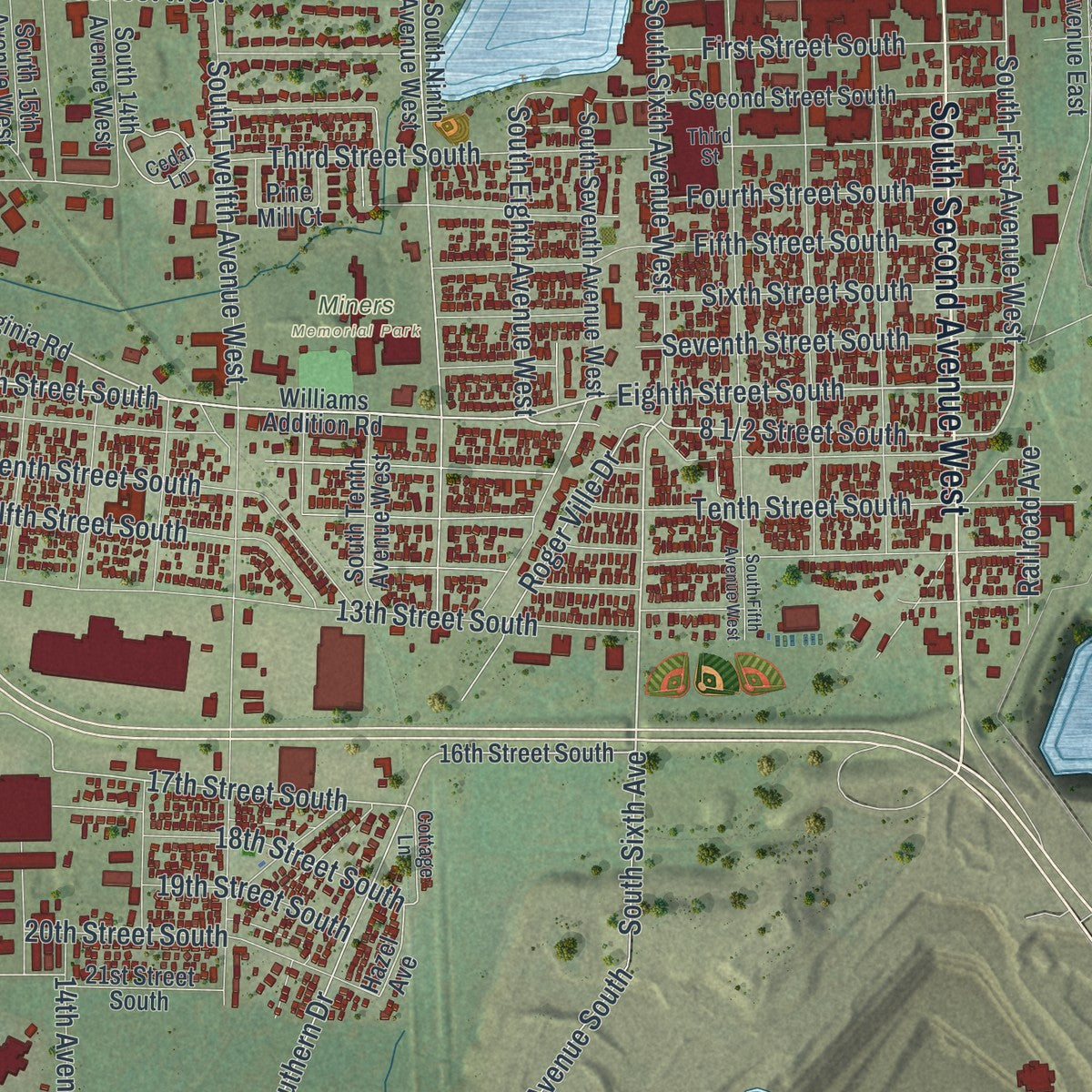 Close-up of the map of Virginia, Minnesota print showing street and building detail
