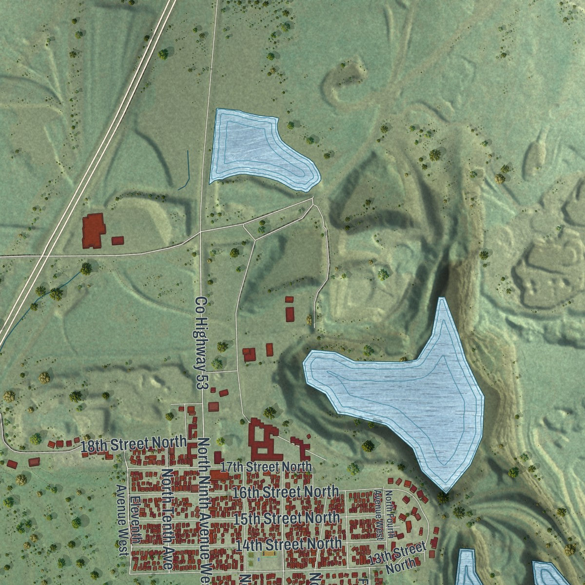 Second close-up of the map of Virginia, Minnesota print showing more streets and buildings