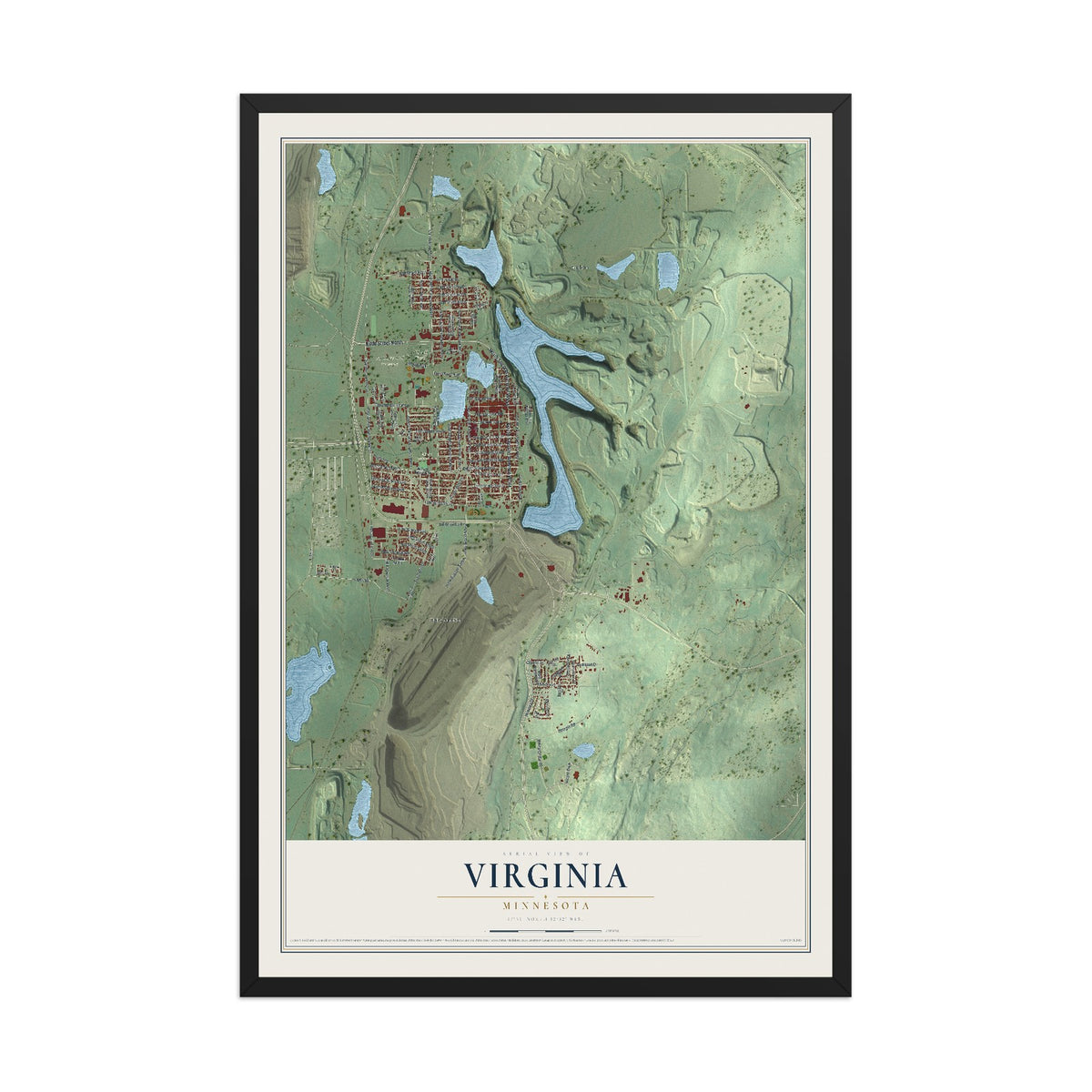 Map of Virginia, Minnesota, 12 x 18 inch print in a black wood frame