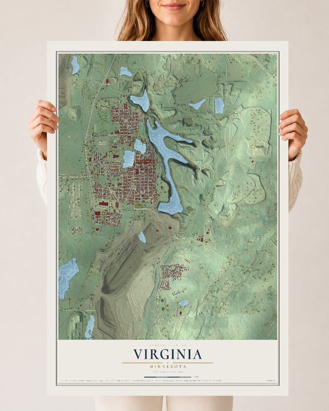 Map of Virginia, Minnesota, 24 x 36 inch unframed archival matte print
