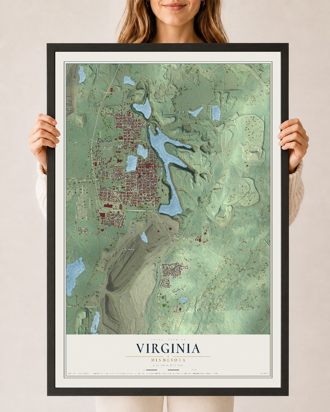 Map of Virginia, Minnesota, 24 x 36 inch print in a black wood frame