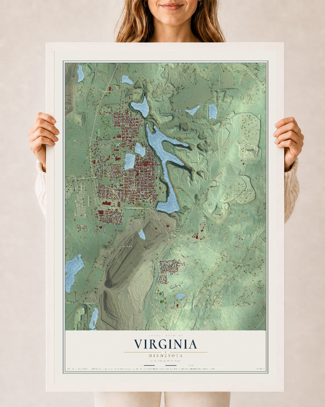 Map of Virginia, Minnesota, 24 x 36 inch print in a white wood frame