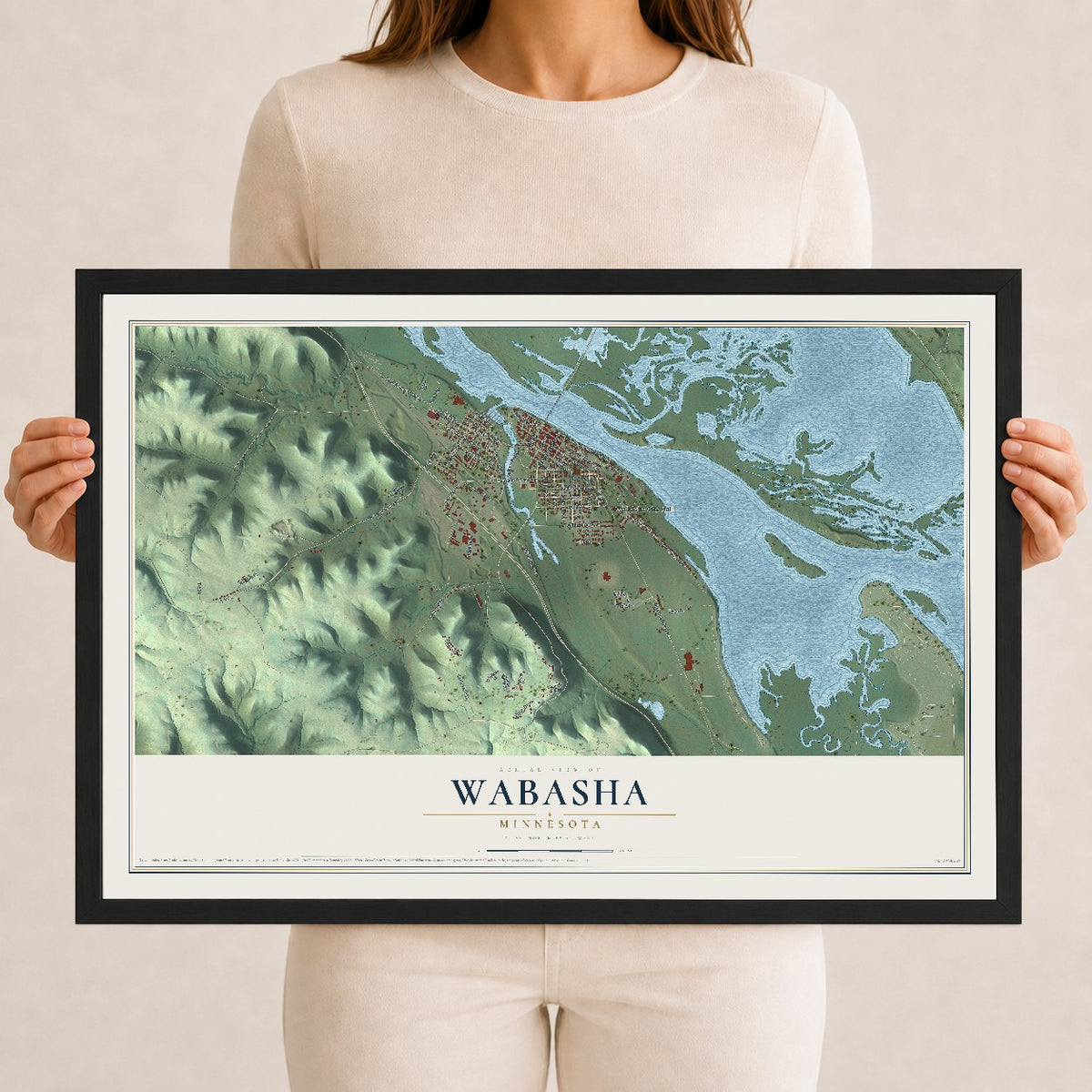 Map of Wabasha, Minnesota, 12 x 18 inch print in a black wood frame