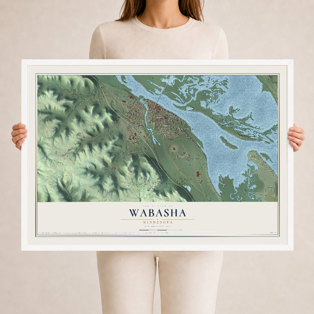 Map of Wabasha, Minnesota, 24 x 36 inch print in a white wood frame