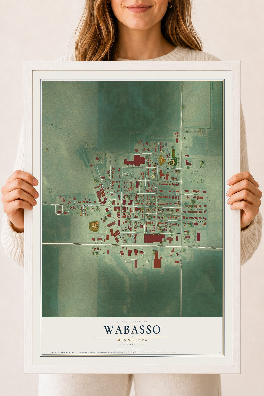 Map of Wabasso, Minnesota, 18 x 24 inch print in a white wood frame